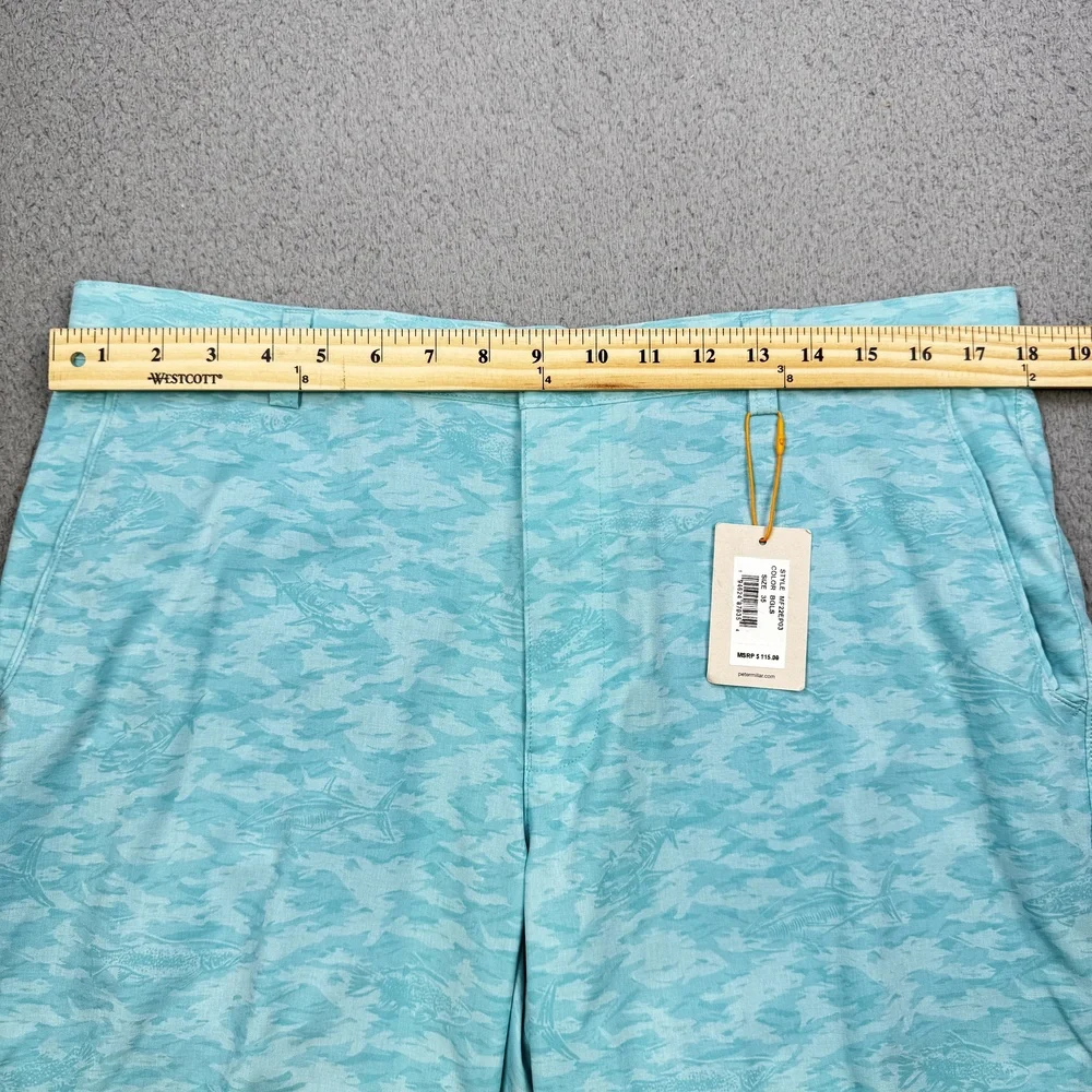 Peter Millar Crown Sport Shorts Mens 35 Blue Fish Print Beach Glass Golf Stretch